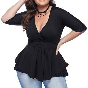 Black 3/4 Sleeve Deep V-Neck Peplum Top